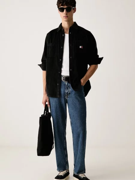 Tommy Jeans košeľa pánska menčestrová čierna