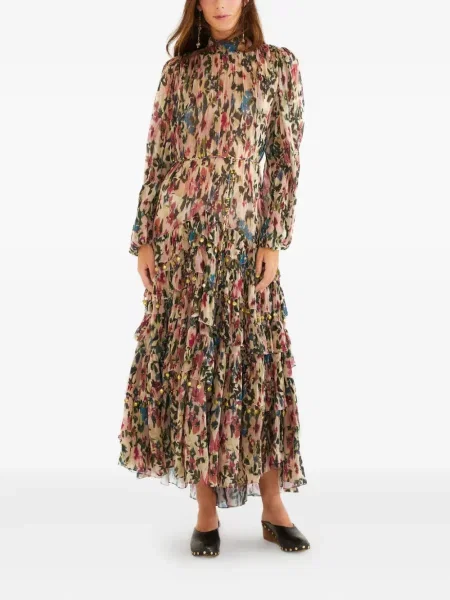 Rochie maxi Farm Rio cu model floral cu volane de costum roz