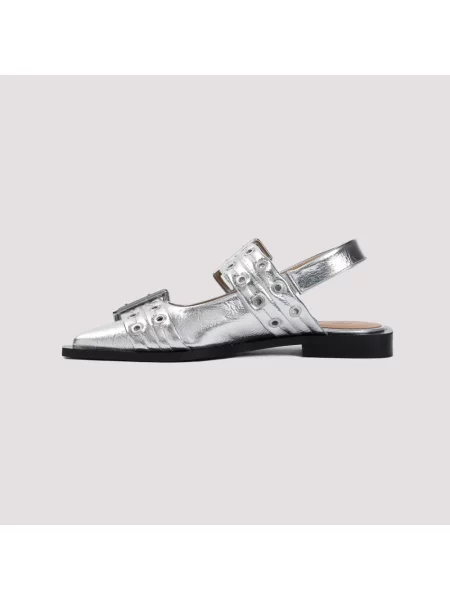 GANNI baleriny Feminine Buckle Ballerina Metallic srebrny z odkrytą piętą szare