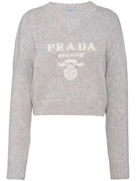 Кашмирен пуловер Prada изрязани сиво