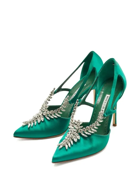 Pantofi cu toc Manolo Blahnik din satin de cristal verde