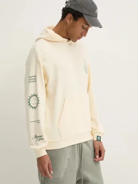 Bombažen pulover adidas Originals s kapuco bež