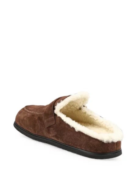 Papuci tip mules Prada cu cataramă din piele de oaie maro