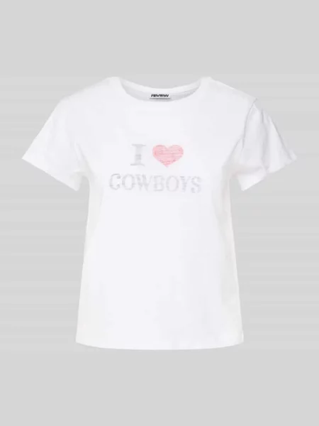 T-shirt z prążkowanym okrągłym dekoltem Review biała