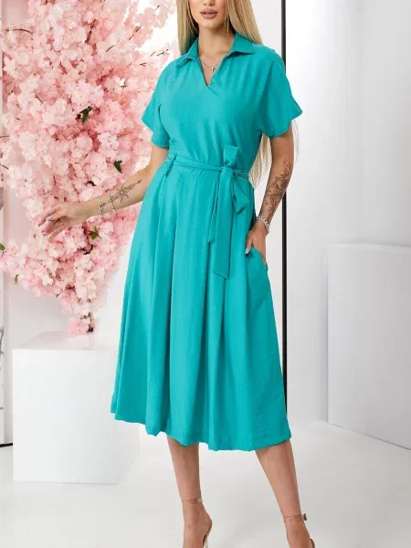 Лляна Сукня міді LadyLike бірюзовий