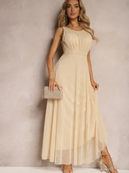 Koktajlowa Sukienka z Tiulowym Dołem Bez Rękawów Elastar beżowa