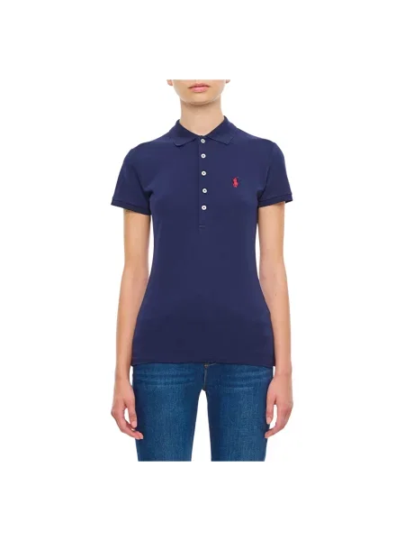 Koszulka polo Ralph Lauren z autografem ze stretchu z siateczki niebieska