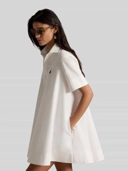 Rozkloszowana sukienka z czystej bawełny z wyhaftowanym logo Polo Ralph Lauren biała