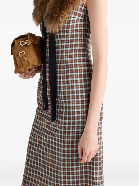 Rochie midi Prada în carouri până la genunchi de costum maro