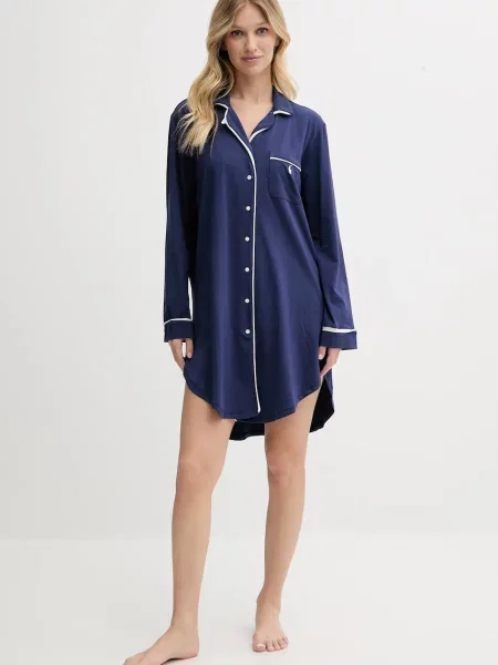 Koszula nocna z wyhaftowanym logo i kieszenią na piersi Polo Ralph Lauren granatowa
