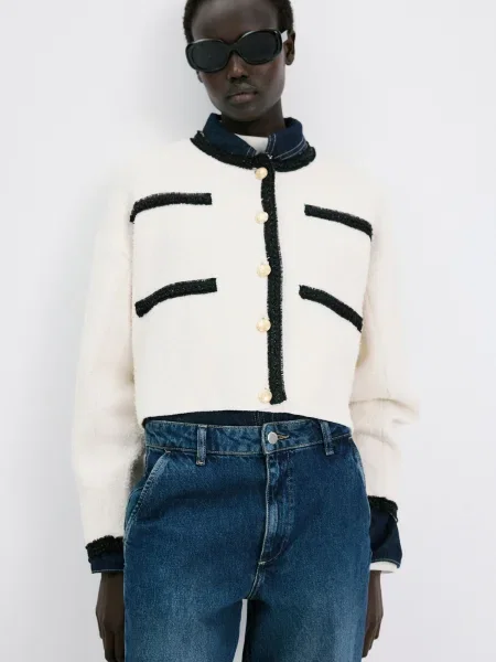 MANGO Geacă tricotată Petunia crem negru