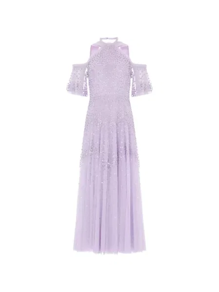 Oblekové maxi maxi šaty Needle & Thread s výstřihem halter fialové