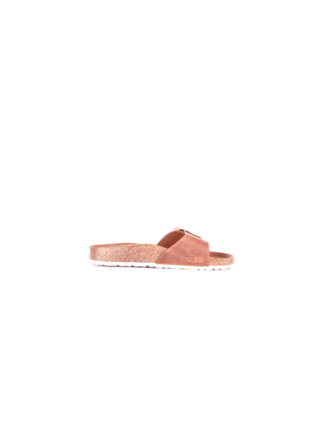 Klapki Birkenstock skórzane na sprzączkę na płaskim obcasie brązowe