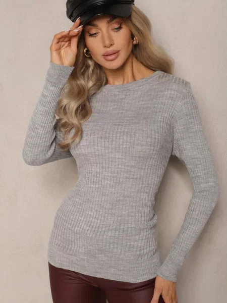 Casualowy Sweter z Prążkowanego Materiału Zintra szary