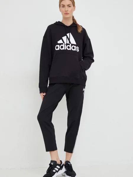 Bombažen pulover adidas s kapuco črna