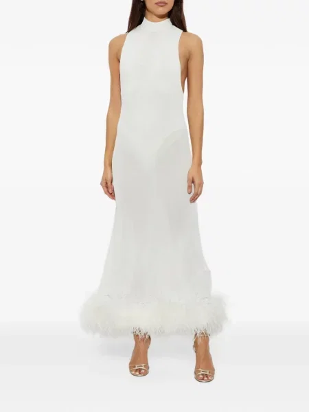 Rochie midi Self-portrait cu pene tricotate alb