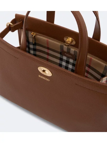 Usnjena shopper torbica Burberry s karirastim vzorcem rjava
