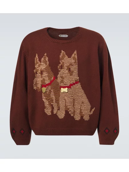 Volneni volneni pulover Bode z vezenjem rjava
