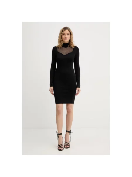 Sukienka o kroju slim fit z mieszanki z obszyciem ozdobnymi kamieniami model ‘Lucy’ Guess czarna