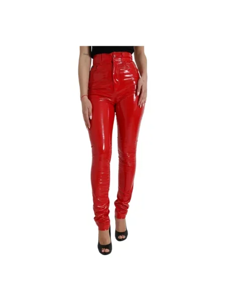 Skinny spodnie Dolce And Gabbana skórzane czerwone
