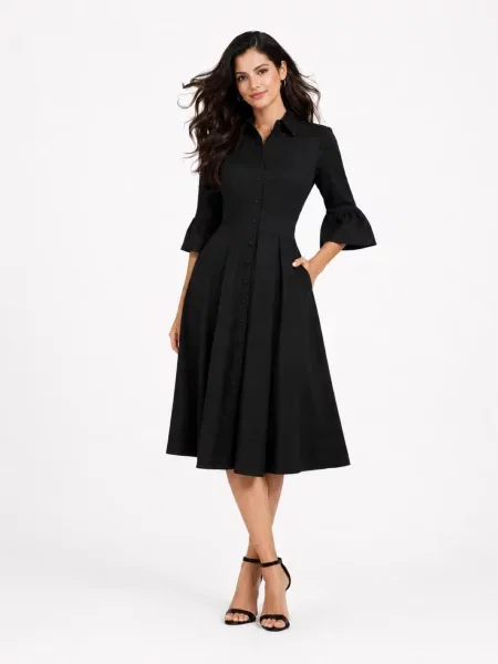 BIBI SAKALIEVA Rochie Black Open-Back Midi Dress with Bell Sleeves' negru