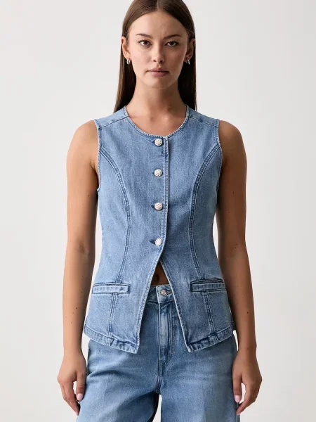 Morgan vestă cu un singur rând de pentru femei din denim albastru