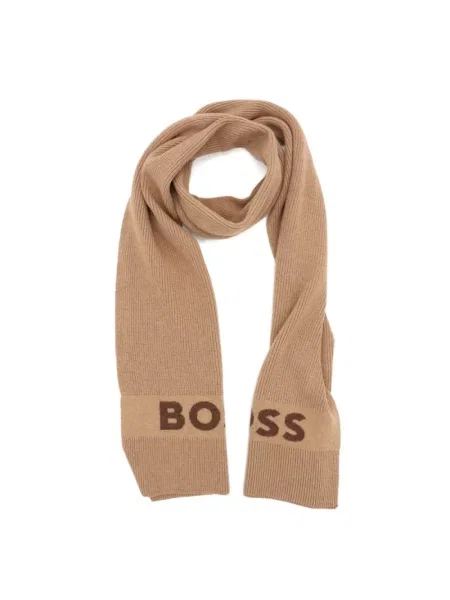BOSS szalik z domieszką wełny beżowy z aplikacją brązowa