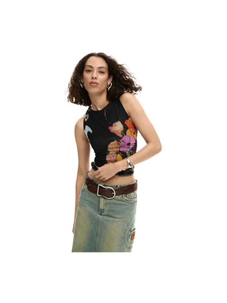 Top Desigual bez rękawów w kwiatki z okrągłym dekoltem czarny