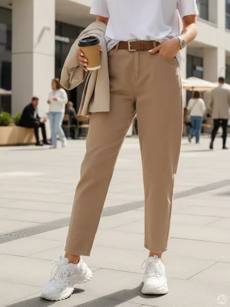 Jeansy z paskiem mom fit Dstreet beżowe