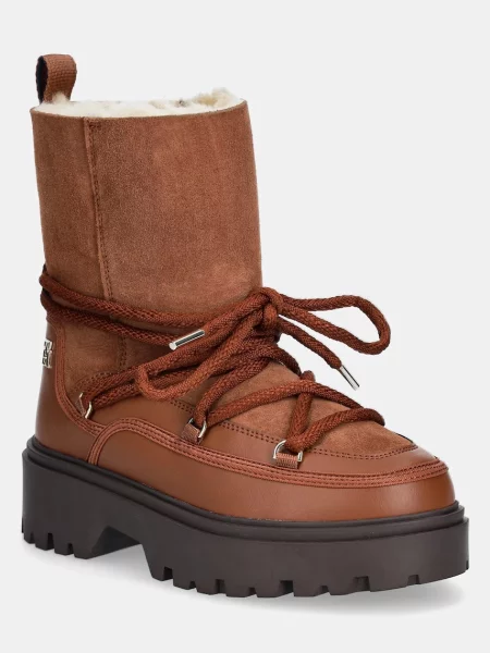 Tommy Hilfiger śniegowce REAL SHEARLING LACE-UP SNOWBOOT brązowy