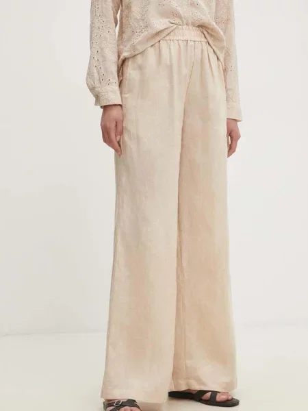 Ленен панталон Answear Lab със стандартна кройка с висока талия бежово