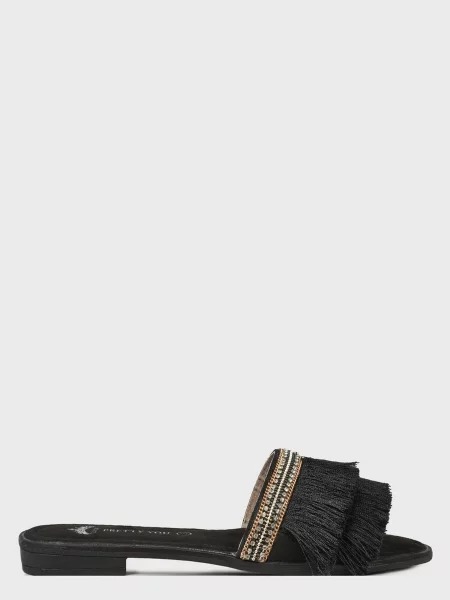 Кожаные шлепанцы Pretty You London с бахромой черные