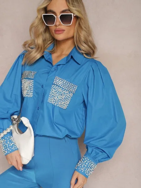 Koszula z Biżuteryjnymi Cyrkoniami i Perełkami Quezia niebieska