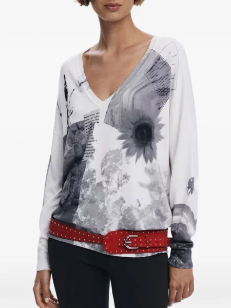Top Desigual cu imagine cu decolteu în V alb