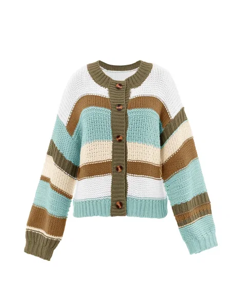 Imily Bela Geacă tricotată albastru aqua / maro caramel / oliv alb