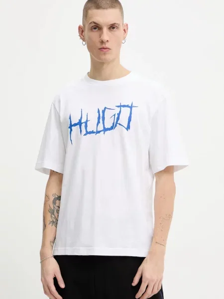 Hugo Blue tricou din cu imprimeu alb