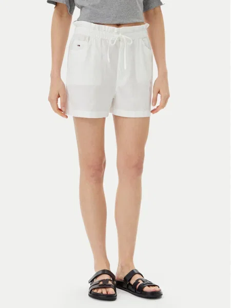 Tommy Jeans pantaloni scurți din amestec de in femei cu imprimeu high waist alb