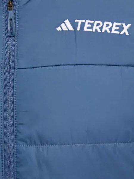 Geacă cu puf Adidas din piele de căprioară cu dungi cu glugă albastru