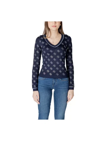 Lekki sweter Guess z dekoltem w serek z dżerseju niebieski