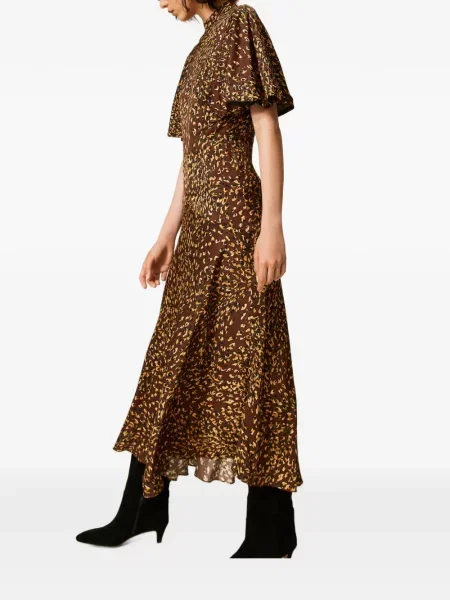 Σατέν φόρεμα Twinset με σχέδιο με animal print καφέ