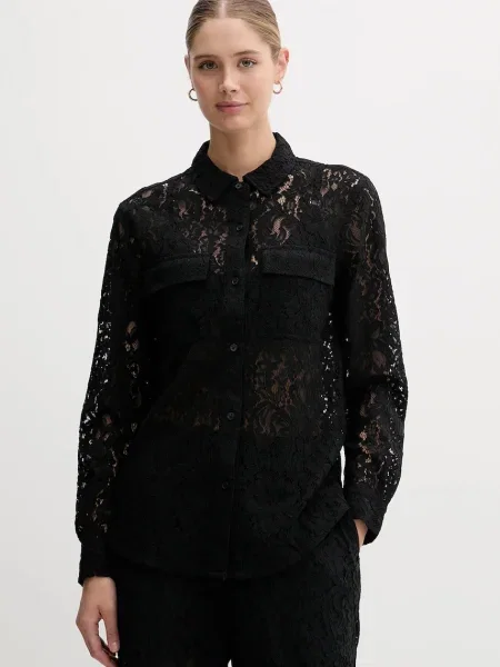 Риза Dkny дамска със стандартна кройка с класическа яка черно