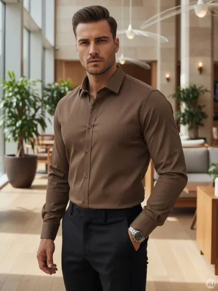 Koszula SLIM FIT elegancka gładka kawowa Dstreet