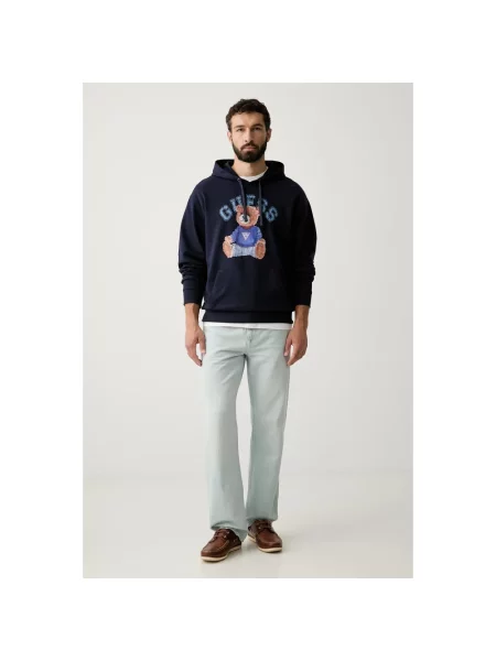 Bluza z kapturem z nadrukiem z logo i kieszenią kangurka Guess niebieska