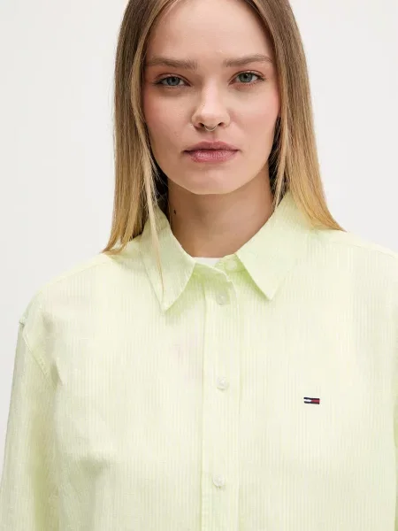 Tommy Jeans риза дамска с лен зелено