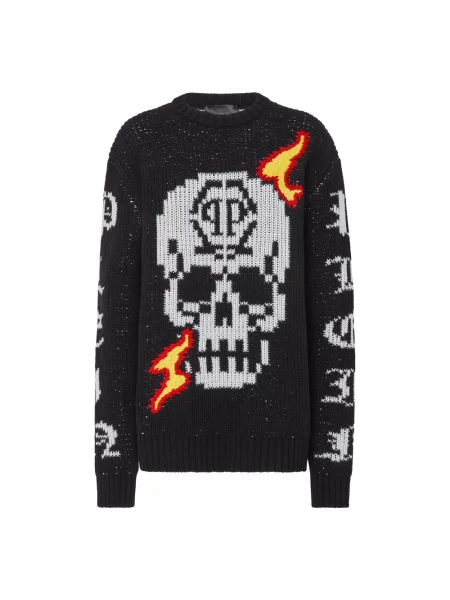 Sweter Philipp Plein wełniany z okrągłym dekoltem czarny