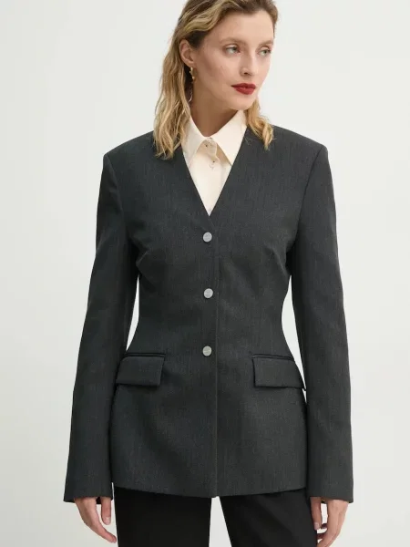 Nanushka marynarka wełniana LENKE jednorzędowa gładka szary