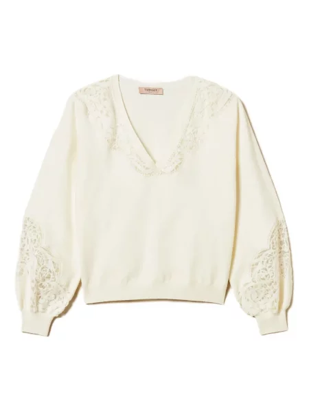 Pulover Twinset cu broderie cu decolteu în V alb