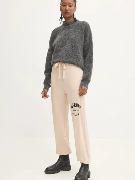 Шерстяные брюки Moschino Jeans с аппликацией бежевые