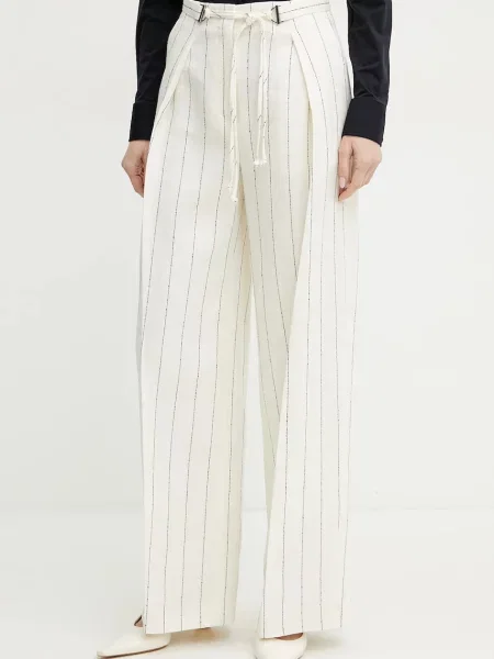 BOSS pantaloni din in femei lat high waist bej