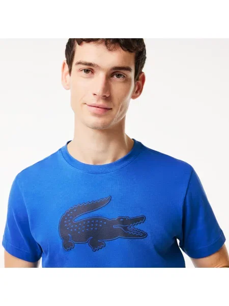 Lacoste T-Shirt Z Oddychającego Dżerseju Sport Z Nadrukiem Z Logo Krokodyla 3D niebieska